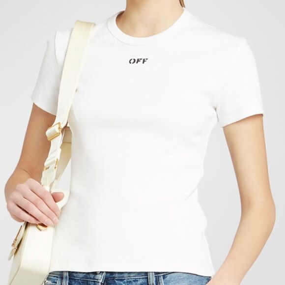 Off-White Logo Stamp Rib-Knit Basic Tee 44/8 Large NWT $335 - Picture 4 of 10